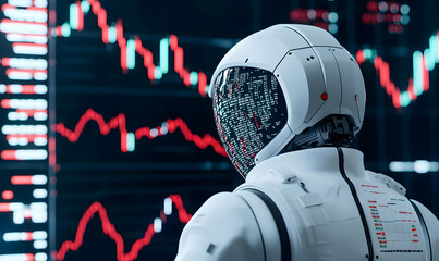 Futuristic Space Explorer Analyzing Data on Stock Market Trends
