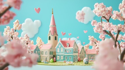 Fototapeta premium Charming pastel village with flowers and hearts under a blue sky creates a whimsical atmosphere perfect for spring celebrations