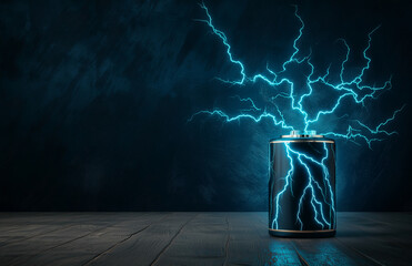 glowing energy battery emits electric sparks in dark room, showcasing its power and potential. dramatic lighting enhances futuristic feel of scene
