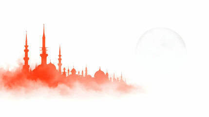 Obraz premium Red silhouette of a mosque cityscape at night with a full moon, ideal for Ramadan or Islamic celebrations