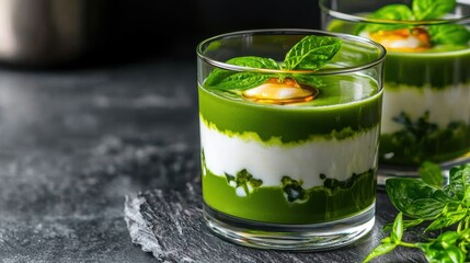 Delicious green dessert in glass with mint leaves and cream.