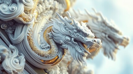 Fototapeta premium Intricate golden dragon sculpture art against a soft sky backdrop, showcasing artistic detail