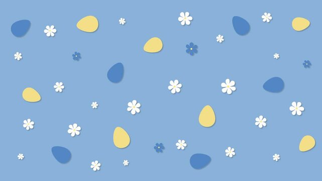 Blue and yellow Easter eggs with spring flowers on a blue background. Simple looping holiday animation.