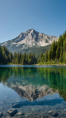 A crystal-clear mountain lake reflecting the surrounding peaks and dense evergreen trees under a bright blue sky.

