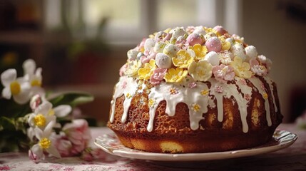 Elegant flower-topped cake with sweet decorations displayed on a floral tablecloth in a cozy kitchen setting