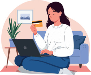 Woman sitting cross-legged with laptop and credit card in cozy living room, flat vector illustration
