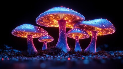 Fototapeta premium A family of magic mushrooms glowing with neon light