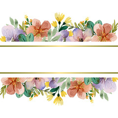 Watercolor Floral Background on a transparent with Wildflowers and Leaves Hand Painted Botanical Border