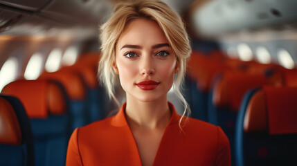 Elegant Flight Attendant in Airplane Cabin