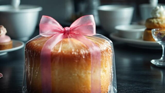 Light-colored cake wrapped in plastic with a pink ribbon, served at a tea party