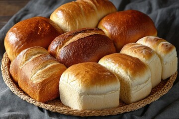 Assortment of freshly baked bread loaves, various shapes and colors, displayed on a woven tray.
