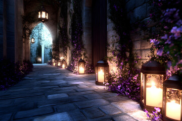 Fototapeta premium Romantic candlelit stone pathway in a medieval castle at night, leading to a bright courtyard. Perfect for fantasy, romance, or fairytale themes