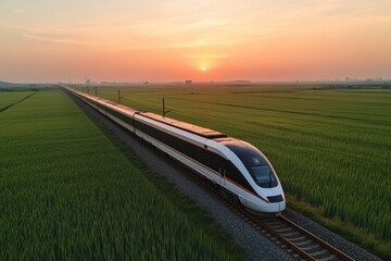 Modern high-speed train journeys through scenic fields at sunset