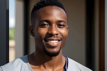 close up head shot of a handsome black african american man on a balcony.  urban background, attractive man, confident, serious expression, adult male, casual clothing, modern, outdoor portrait