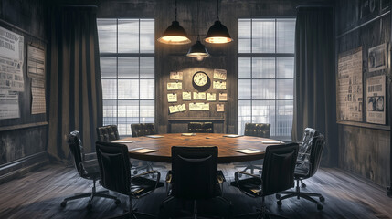 Detective-themed enigmatic conference room with a mysterious ambiance and intriguing decor