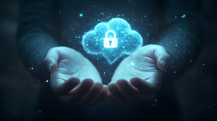 
A futuristic AI-generated cloud made of digital particles, glowing softly with a secure lock symbol at its center, floating above cupped hands, representing advanced cybersecurity