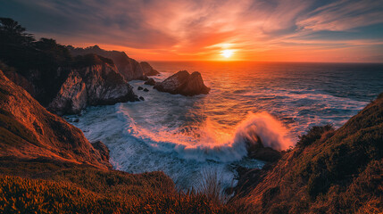 Fototapeta premium Rugged coastlines with crashing waves at sunset, highlighting the raw beauty of nature