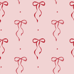 Red bows on pink background. Coquette core. Seamless pattern EPS vector hand drawn for cute core, girly, romantic, wedding design, textile, wrapping, fabric and scrapbooking paper. Outline sketch.