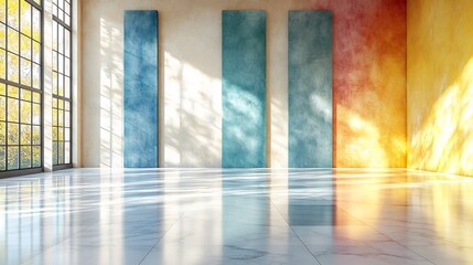 Sunlight streams through large windows illuminating colorful panels in a spacious room. AI Generated