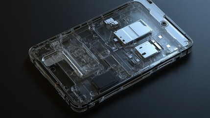 Transparent smartphone showcasing internal components and circuitry design, modern technology