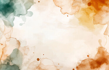 Obraz premium Abstract watercolor background with soft hues of orange, green, and beige, creating dreamy and artistic atmosphere. Ideal for various creative projects
