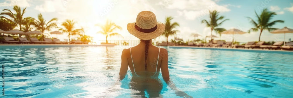 Aufkleber relaxing at a tropical resort pool under the sunset while wearing a straw hat and enjoying the warm 