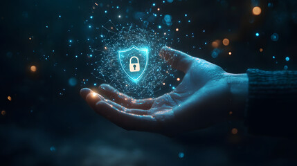 A futuristic cybersecurity concept featuring a glowing digital shield with a secure padlock symbol, floating above an outstretched hand, surrounded by a network of blue light particles, 
