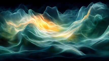 Fototapeta premium Abstract teal and gold energy swirls softly illuminate a dark landscape. AI Generated