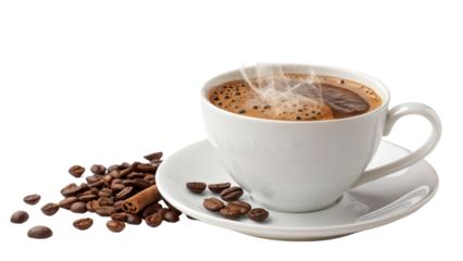 Steaming Coffee Cup with Beans and Cinnamon Stick, Isolated on Transparent Background, Coffee Beans, Hot Drink, Coffee, Beverage, Aromatic