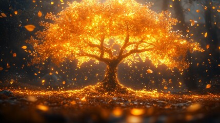 Whimsical golden tree with translucent glowing leaves