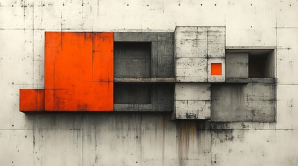 Abstract Geometric Concrete Wall Art Vivid Orange Accents. AI Generated