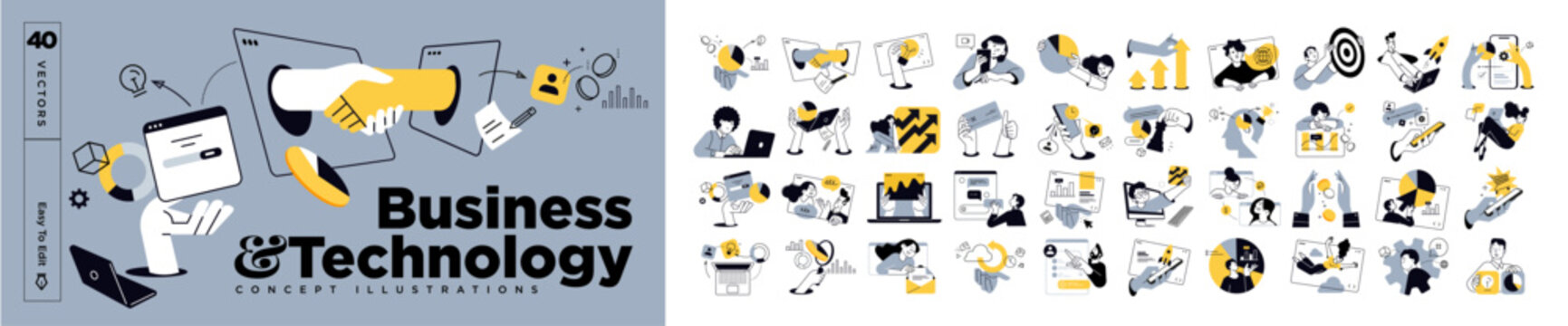 Business and technology illustrations. Concepts of web design and development, startup and online business, seo, app development, e-commerce, strategy and planning, communication.