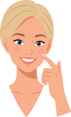 Young woman with blonde hair pointing to her cheek in a minimal style vector illustration