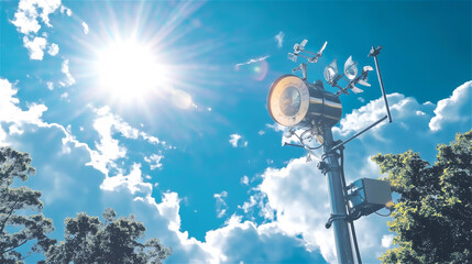 Weather observation pole equipped with sensors and spinning instruments under a bright sun and scattered clouds, representing environmental data collection.
