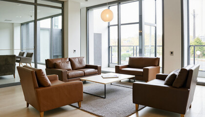 Fototapeta premium Modern living room with brown leather sofas and natural light