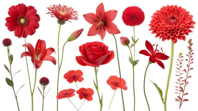 Collection of Red Flowers Isolated on Transparent Background, Floral Arrangement, Red Bloom, Flowers, Red, Bouquet