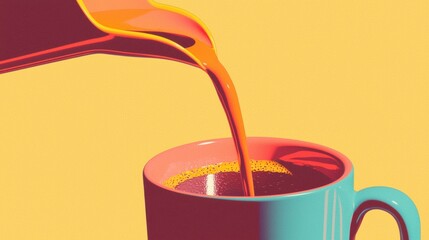 Blue mug with a pink rim and handle. the mug is filled with a dark red liquid, which appears to be coffee or tea. the liquid is being poured from a red pitcher into the mug.