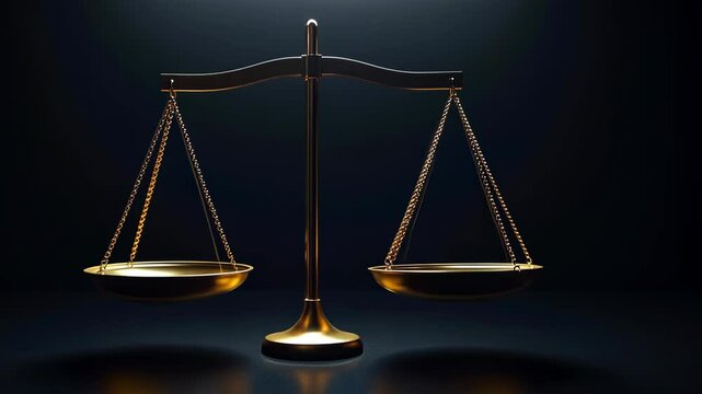 Elegant gold scales of justice balanced in a dimly lit environment reflecting concepts of fairness and law