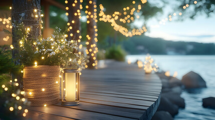Romantic lakeside evening String lights and candles illuminate a wooden deck, creating a magical ambiance perfect for a wedding, anniversary, or engagement photoshoot