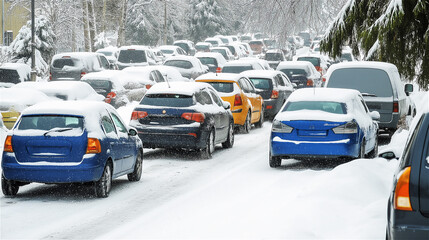 Traffic jam on a snowy road with vehicles covered in white snow, representing urban congestion and challenges of winter transportation.