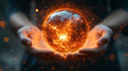 Hands holding fiery glowing sphere.