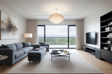 An elegant, contemporary living room with modern furnishings, abstract art, and natural light accentuating a clean, luxurious design—perfect for interior design and lifestyle projects