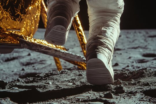 Close-up of Astronaut&rsquo;s First Step from Lunar Module on Moon