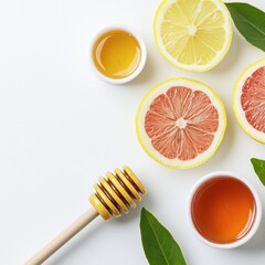 Fresh citrus fruits and honey on a clean white background.