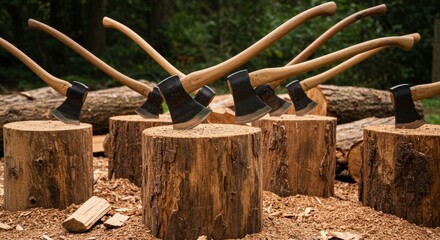 Axes on Wooden Stumps Woodcutting Display - Sharp axes, rustic wood stumps, wood chips, lumberjack tools, craftsmanship. Symbolizing strength, skill, nature, work, and heritage