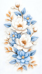 Elegant blue & white floral arrangement on marble; ideal for home decor or textile prints