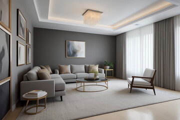 An elegant, contemporary living room with modern furnishings, abstract art, and natural light accentuating a clean, luxurious design—perfect for interior design and lifestyle projects