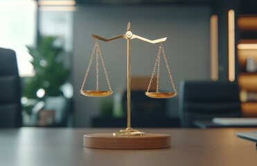golden scale of justice symbolizes fairness and balance in modern office setting, reflecting importance of law and order in society