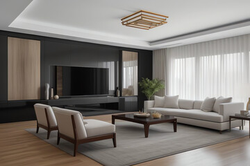 An elegant, contemporary living room with modern furnishings, abstract art, and natural light accentuating a clean, luxurious design—perfect for interior design and lifestyle projects