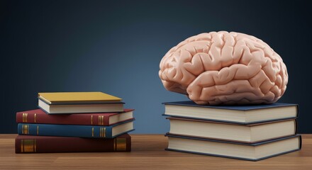 Brainpower: Books and the Mind's Potential - Knowledge, learning, wisdom, intelligence, and understanding are symbolized by a human brain resting on books